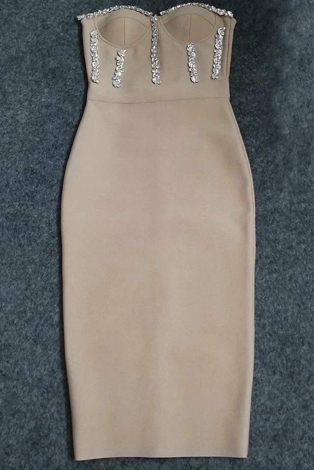 Jessica Bara Liza Strapless Crystal Beaded Midi Dress Influencer Style