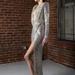 Jessica Bara Abela Long Sleeve Sequin V Neck Gown