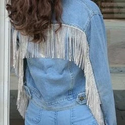 Jessica Bara Chiaka Rhinestone Fringe Denim Jacket