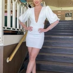 Jessica Bara Marilyn Puff Shoulder Mesh Sleeve Mini Dress