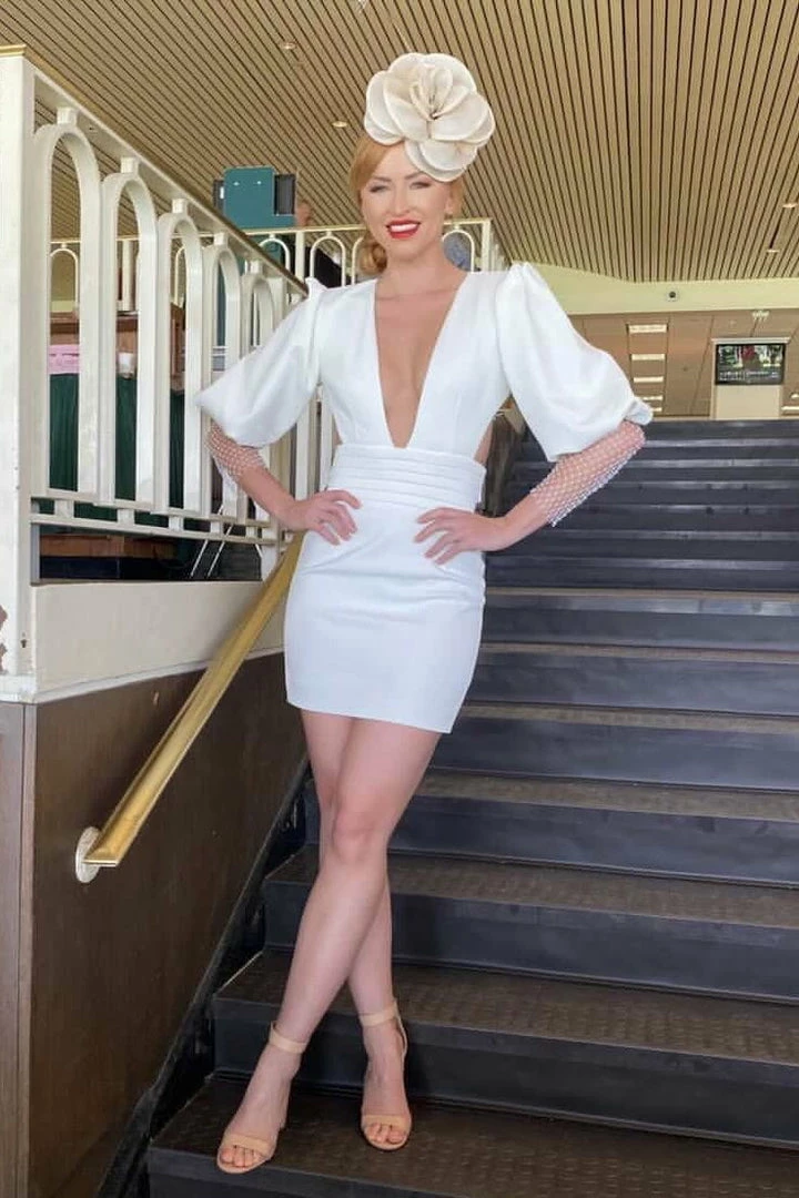 Jessica Bara Marilyn Puff Shoulder Mesh Sleeve Mini Dress