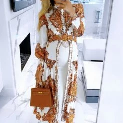 Influencer Style Jessica Bara Eden Long Sleeve Printed Maxi Dress