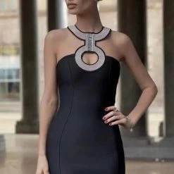 Jessica Bara Deirdre Bandage Crystal Halter Mini Dress Dresses