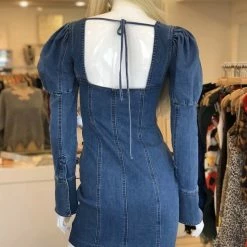 Influencer Style Jessica Bara Francine Puff Shoulder Denim Mini Dress