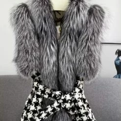 Reve Doll Essentials Jessica Bara Aurora Fur Belted Wool Houndstooth Vest