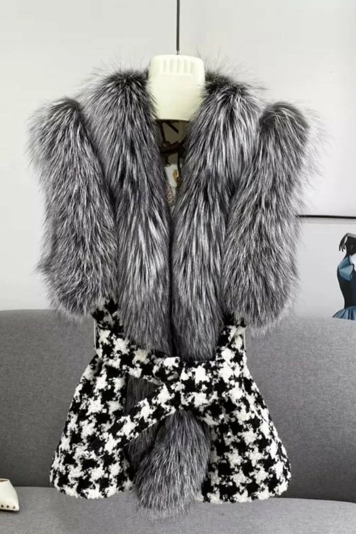 Reve Doll Essentials Jessica Bara Aurora Fur Belted Wool Houndstooth Vest