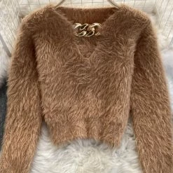 Jessica Bara Kellen Long Sleeve Fuzzy Chain Top Tops