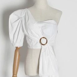 Jessica Bara Kyle One Shoulder Puff Sleeve Crop Top Summer Lovin'