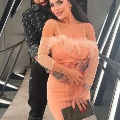 Jessica Bara Cambri Off The Shoulder Feather Corset Dress