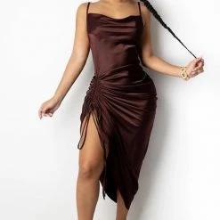 Jessica Bara Silas Satin Ruched Midi Dress Influencer Style