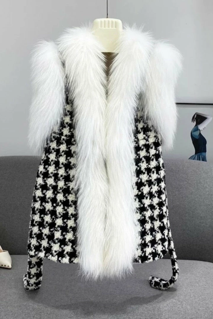 Reve Doll Essentials Jessica Bara Aurora Fur Belted Wool Houndstooth Vest