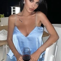 Jessica Bara Avia Satin Crystal Strap Top Influencer Style