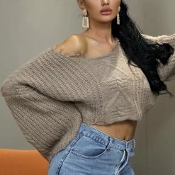 Reve Doll Essentials Jessica Bara Natasha Long Sleeve Distressed Cropped Sweater