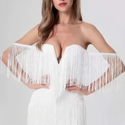 Jessica Bara Tansy V Neck Fringe Mini Dress Birthday Suit