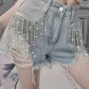 Summer Lovin' Jessica Bara Ziggy Rhinestone Fringe Distressed Denim Shorts