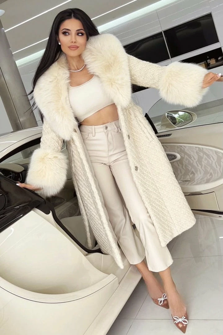 Jessica Bara Dierdra Fur And Wool Belted Long Coat Influencer Style