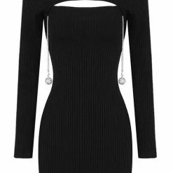 Jessica Bara Wynter Long Sleeve Tassel Ball Chain Dress