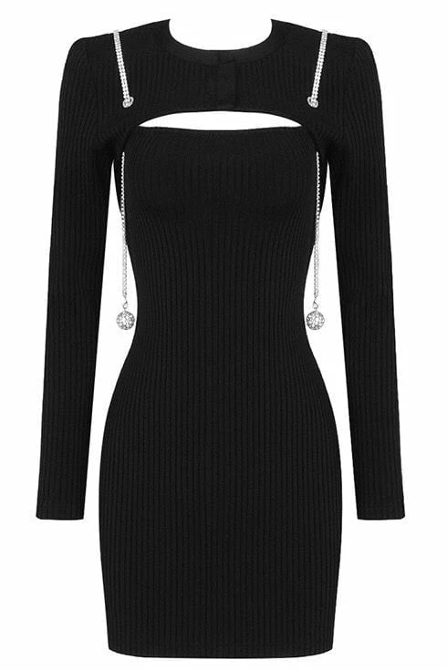 Jessica Bara Wynter Long Sleeve Tassel Ball Chain Dress