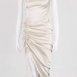 Jessica Bara Silas Satin Ruched Midi Dress Influencer Style