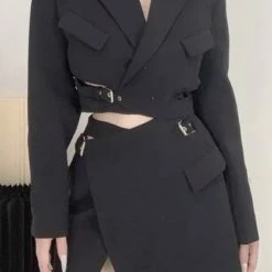 Jessica Bara Eliott Buckle Blazer And Mini Skirt Two Piece Set Influencer Style