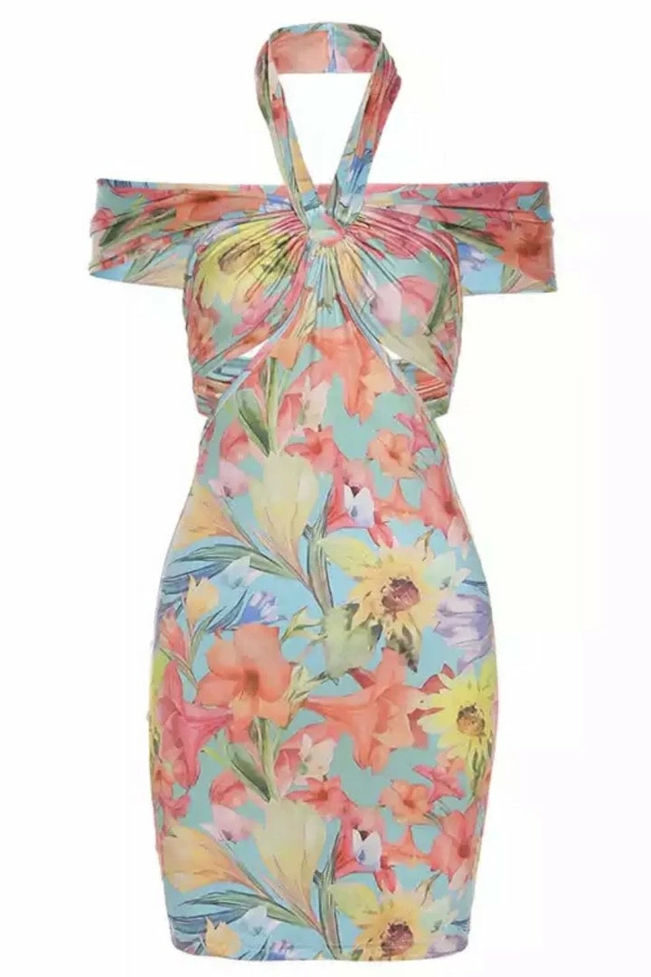 Jessica Bara Vienna Printed Halter Neck Mini Dress Birthday Suit