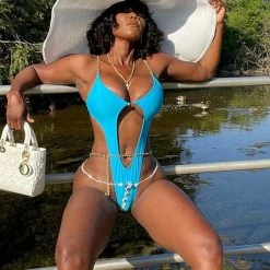 Influencer Style Jessica Bara Sonja Metal Chain Cut Out Swimsuit