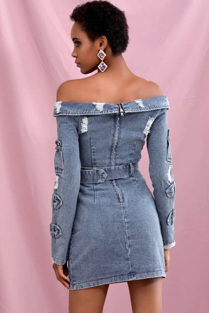 Influencer Style Jessica Bara Raissa Off The Shoulder Denim Mini Dress