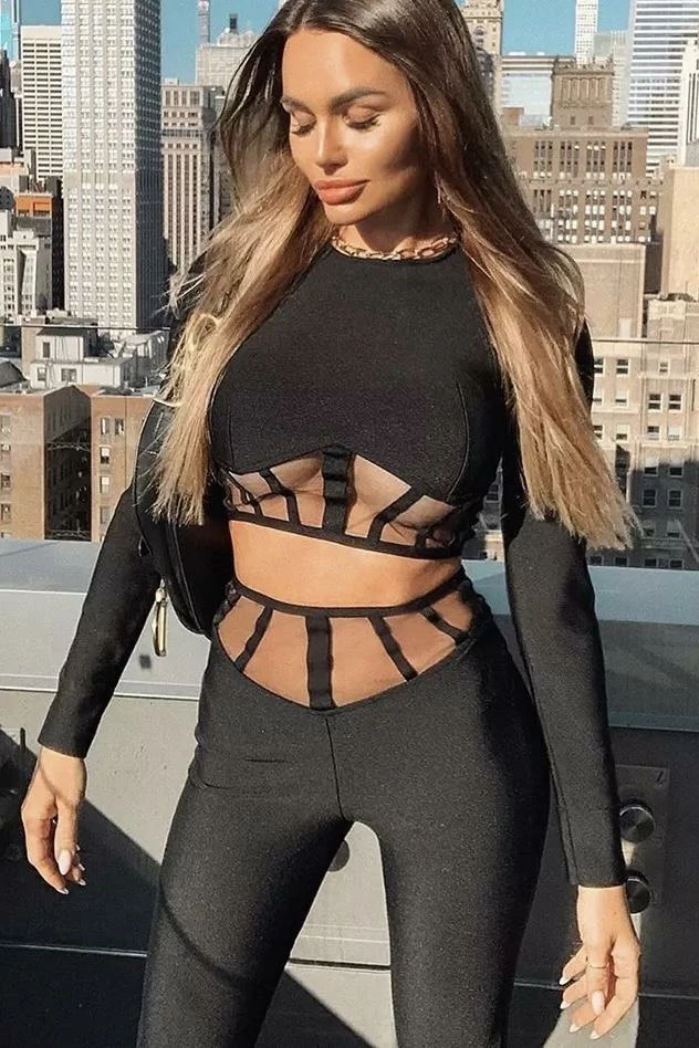 Jessica Bara Tatiana Mesh Long Sleeve Top And Pant Two Piece Set Birthday Suit