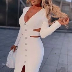 Jessica Bara Ginette Silver Button Cut Out Midi Dress