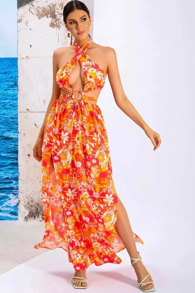 Jessica Bara Klara Floral Halter Cut Out Maxi Dress