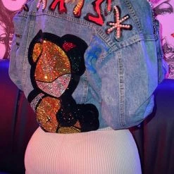 Jessica Bara Paris Rhinestone Teddy Bear Denim And Fur Jacket