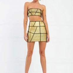 Jessica Bara Shauna Shiny Gold Overlock Seam Bodycon Skirt
