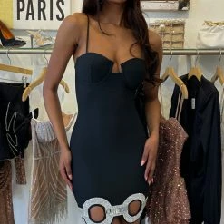 Jessica Bara Sylvana Bandage Rhinestone Chain Link Mini Dress Influencer Style