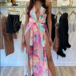 Influencer Style Jessica Bara Roseanna Halter Neck Split Leg Maxi Cover Up
