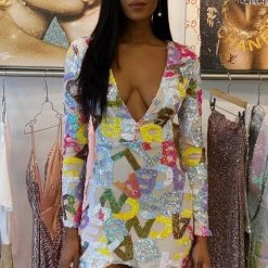 Influencer Style Jessica Bara Lorena Long Sleeve Letters Mini Dress