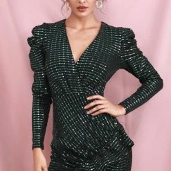 Jessica Bara Lauren Long Sleeve Glitter Mini Dress