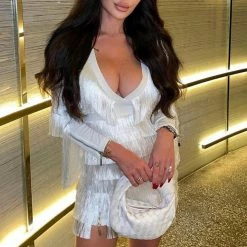 Jessica Bara Shakira Long Sleeve Tassel Fringe Mini Dress Influencer Style