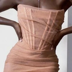 Jessica Bara Sheena Strapless Mesh Ruched Midi Dress