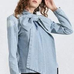 Jessica Bara Daniella Oversized Bow Denim Top Influencer Style