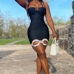 Jessica Bara Sylvana Bandage Rhinestone Chain Link Mini Dress Influencer Style