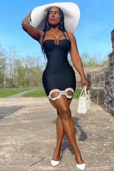 Jessica Bara Sylvana Bandage Rhinestone Chain Link Mini Dress Influencer Style