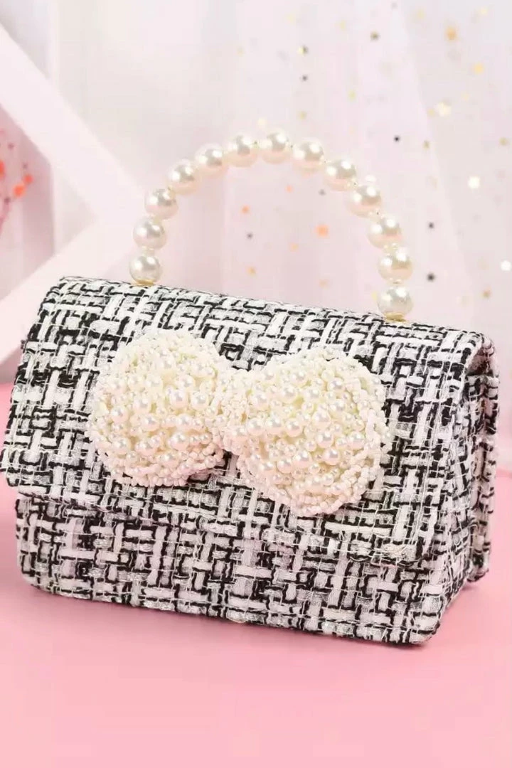 Accessories Jessica Bara Taylor Tweed And Pearl Bow Micro Handbag