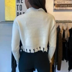 Jessica Bara Cali Long Sleeve Distressed Cropped Sweater