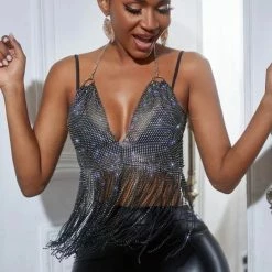 Summer Lovin' Jessica Bara Saida Rhinestone Fringe Halter Top