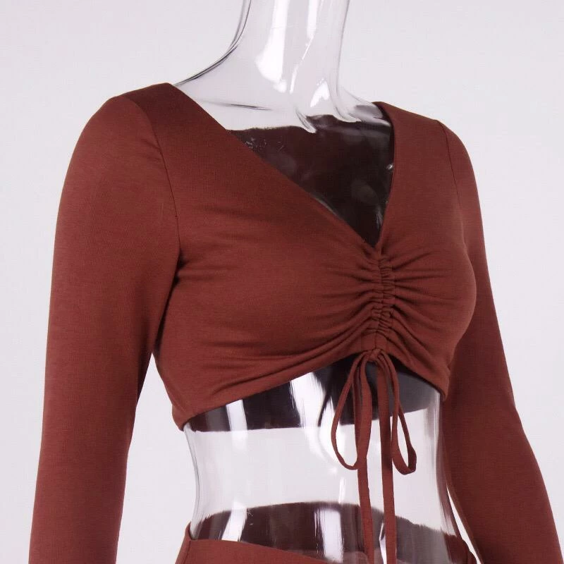 Jessica Bara Clarise Ruched Long Sleeve Crop Top And Skirt Two Piece Set