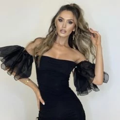 Jessica Bara Fallon Puff Sleeve Ruched Mini Dress Influencer Style