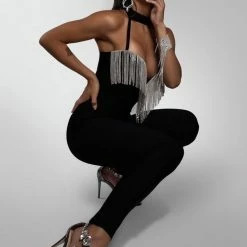 Jessica Bara Sofia Choker Rhinestone Fringe Jumpsuit