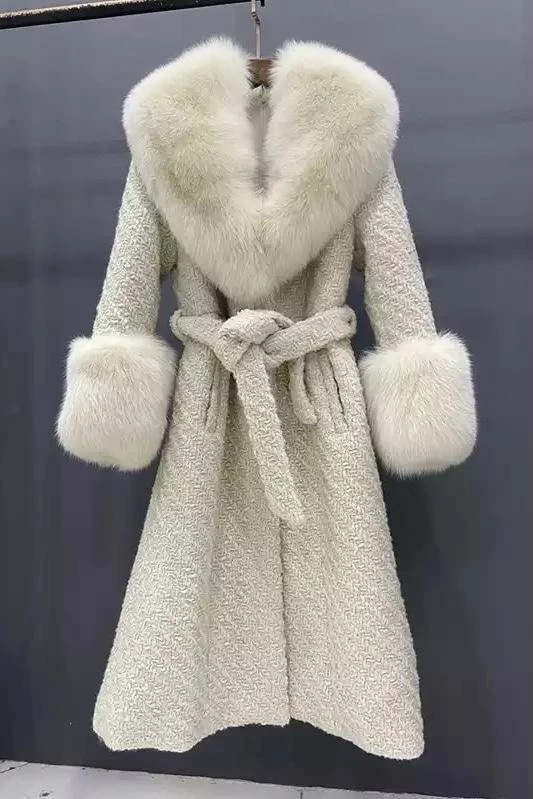 Jessica Bara Dierdra Fur And Wool Belted Long Coat Influencer Style