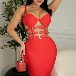 Influencer Style Jessica Bara Persia Bandage Gold Buckle Dress