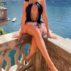 Influencer Style Jessica Bara Aidan Sleeveless Pearl Feather Mini Dress